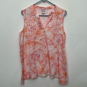 Chico's Cotton Blend Orange, Pink Nautilus Print Shark Bite Hem Tank Top Size 2
